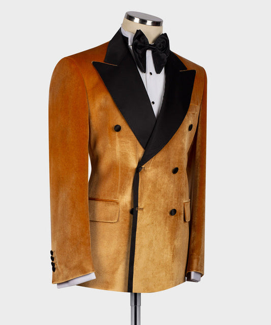 Yellow Velvet Black Satin Lapel Double Breasted Tuxedo