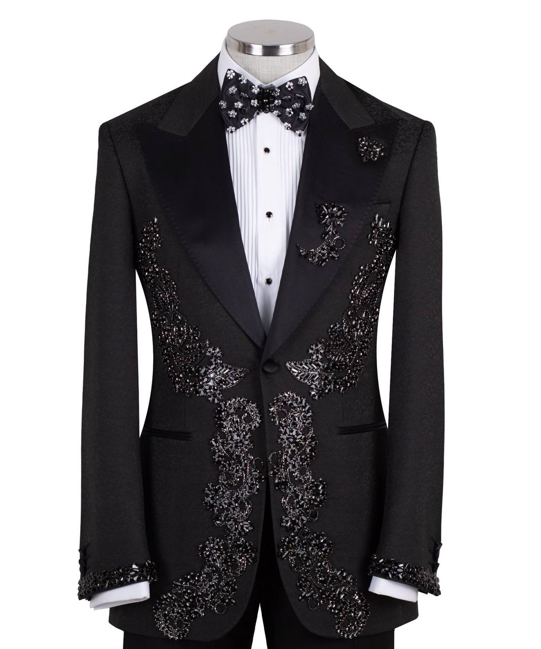 Black Crystal Embellished Tuxedo Jacket
