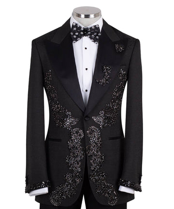 Black Crystal Embellished Tuxedo Jacket
