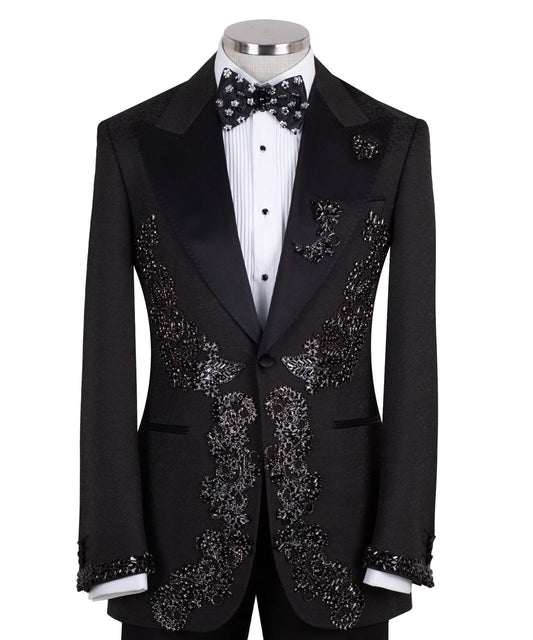 Black Crystal Embellished Tuxedo Jacket