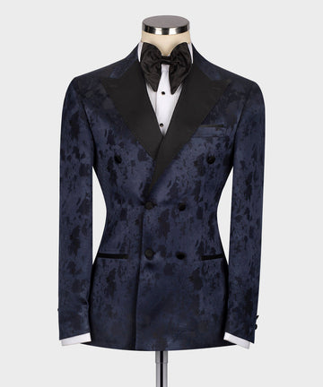Black Satin Collar Dark Blue Patterned Tuxedo