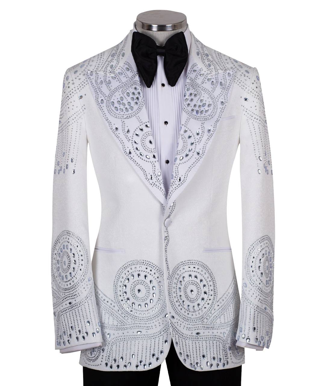 White Crystal Embellished Tuxedo Jacket