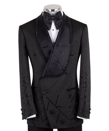 Black Embellished Double-Breasted Shawl Tuxedo