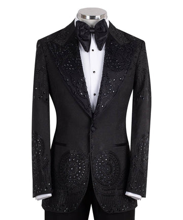 Black Embellished Peak Lapel Tuxedo Jacket