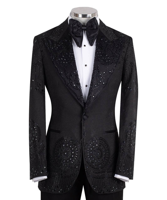 Black Embellished Peak Lapel Tuxedo Jacket
