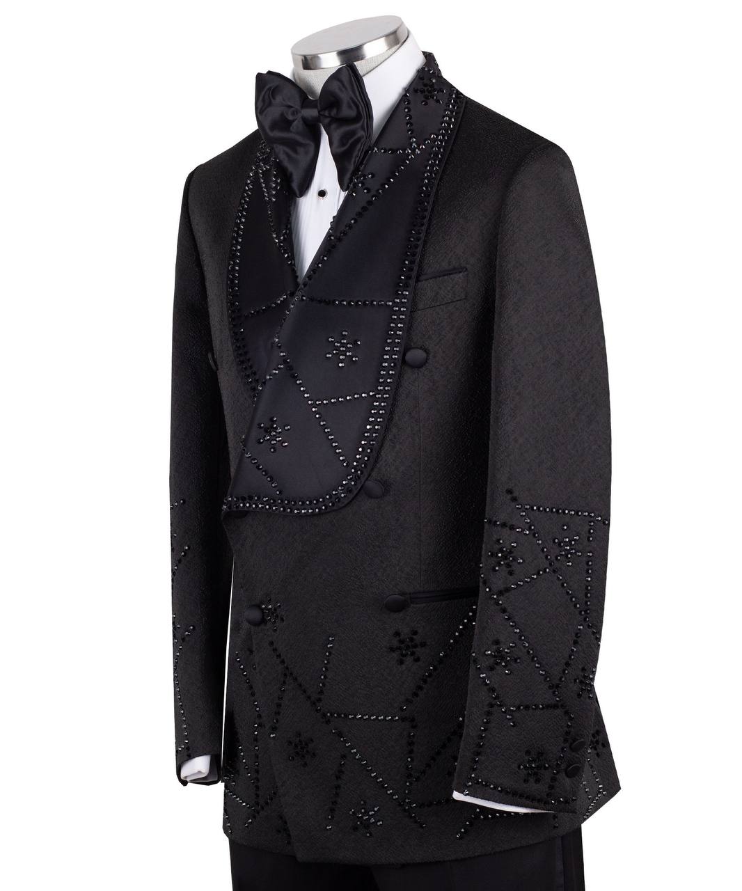 Black Embellished Double-Breasted Shawl Tuxedo