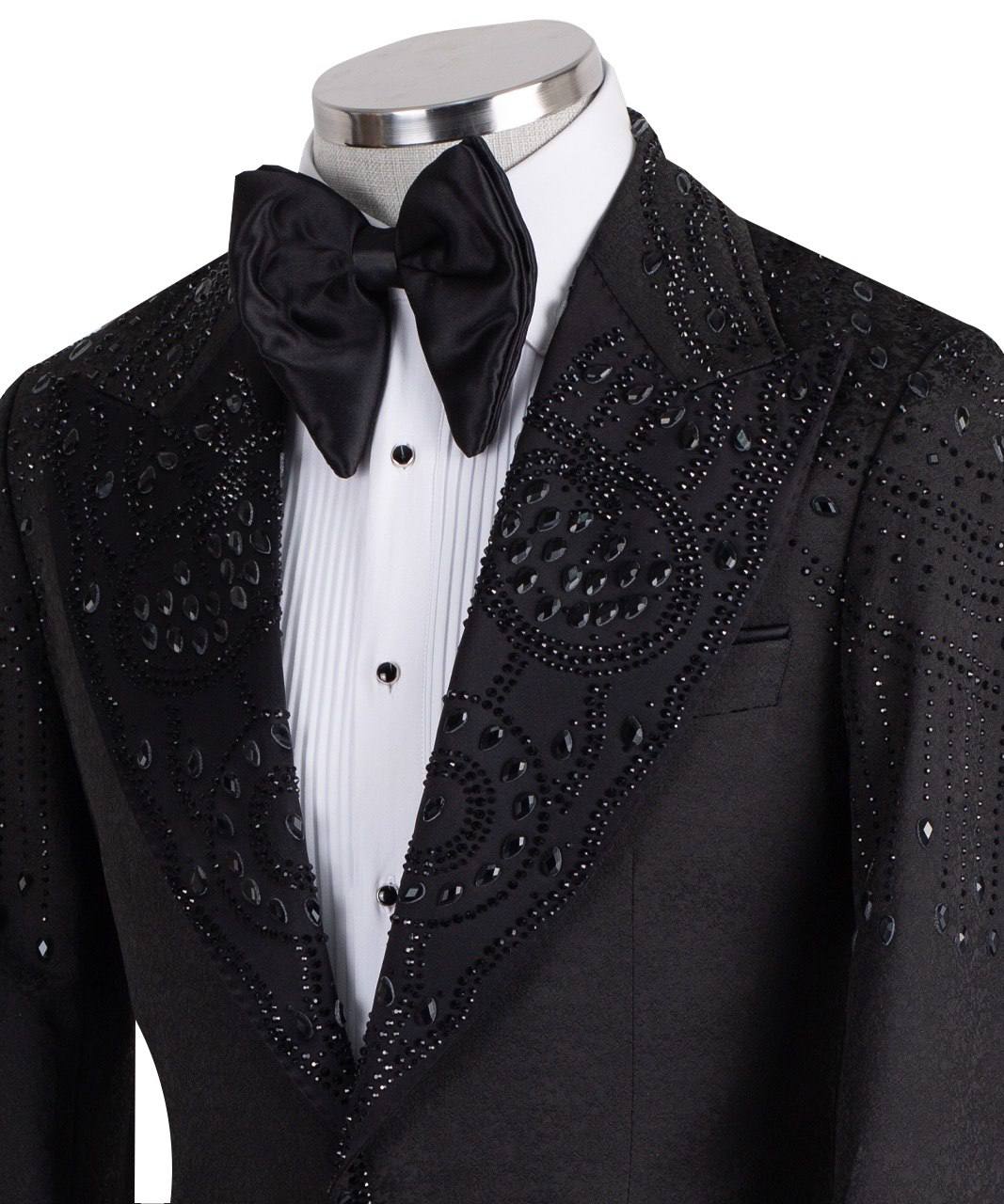 Black Embellished Peak Lapel Tuxedo Jacket