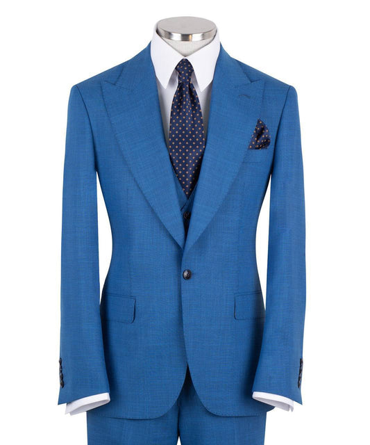 Bright blue three-piece suit for men with jacket, vest, and trousers
