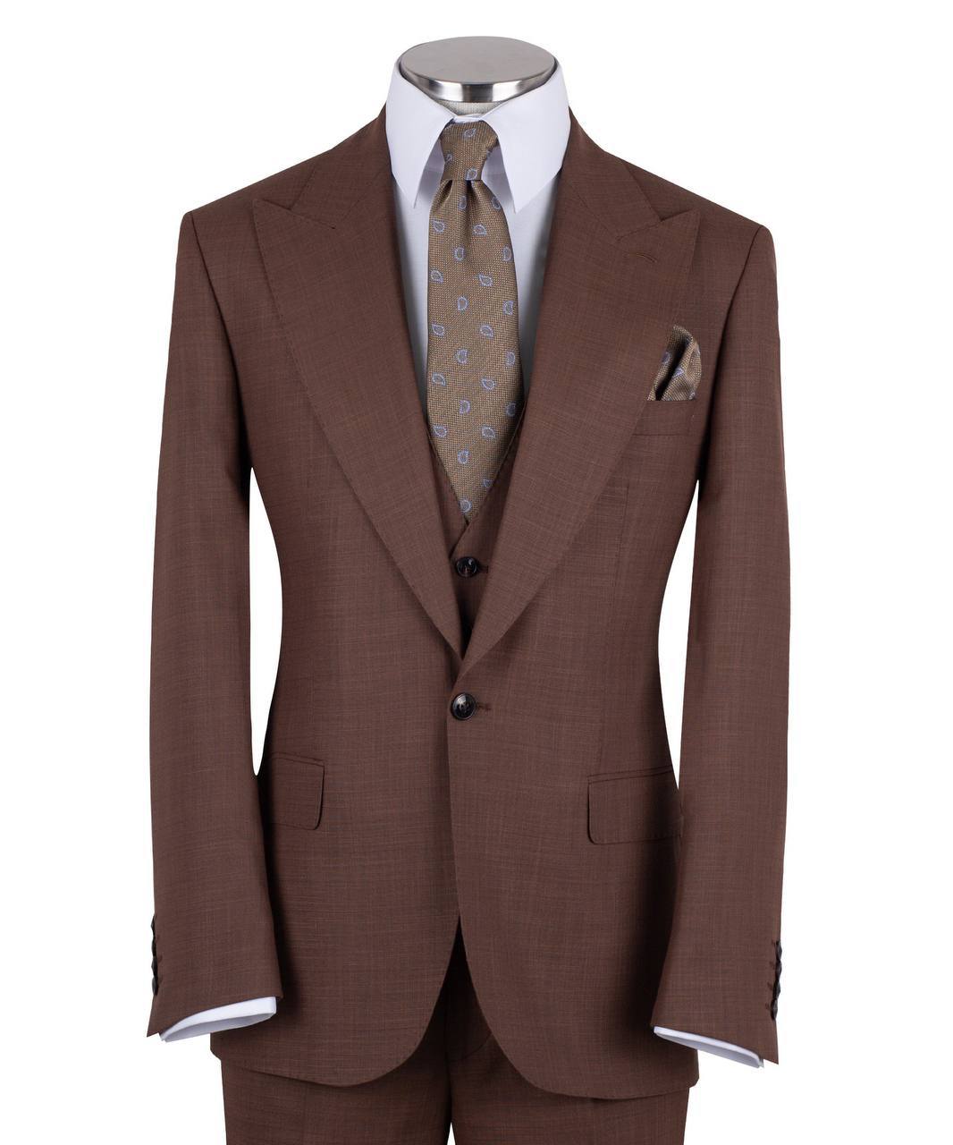 Chocolate brown wool blend three-piece suit for men with jacket, vest, and trousers