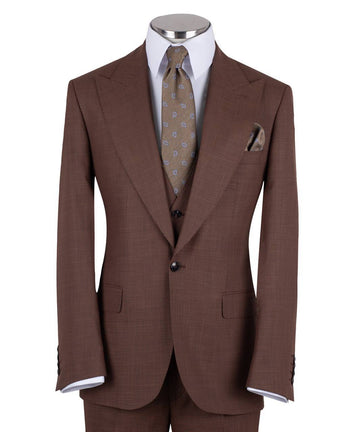 Chocolate brown wool blend three-piece suit for men with jacket, vest, and trousers