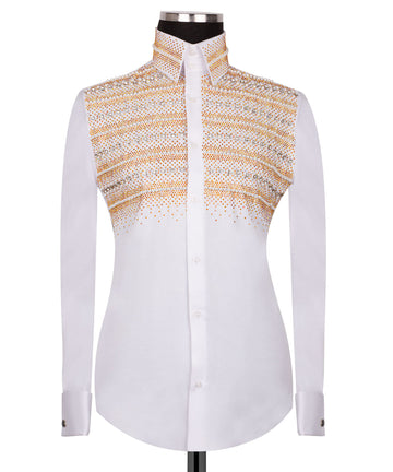 Elegant White Shirt with Gold and Silver Stone Details - HandCrafted Shirts | Black Tuxedo Style