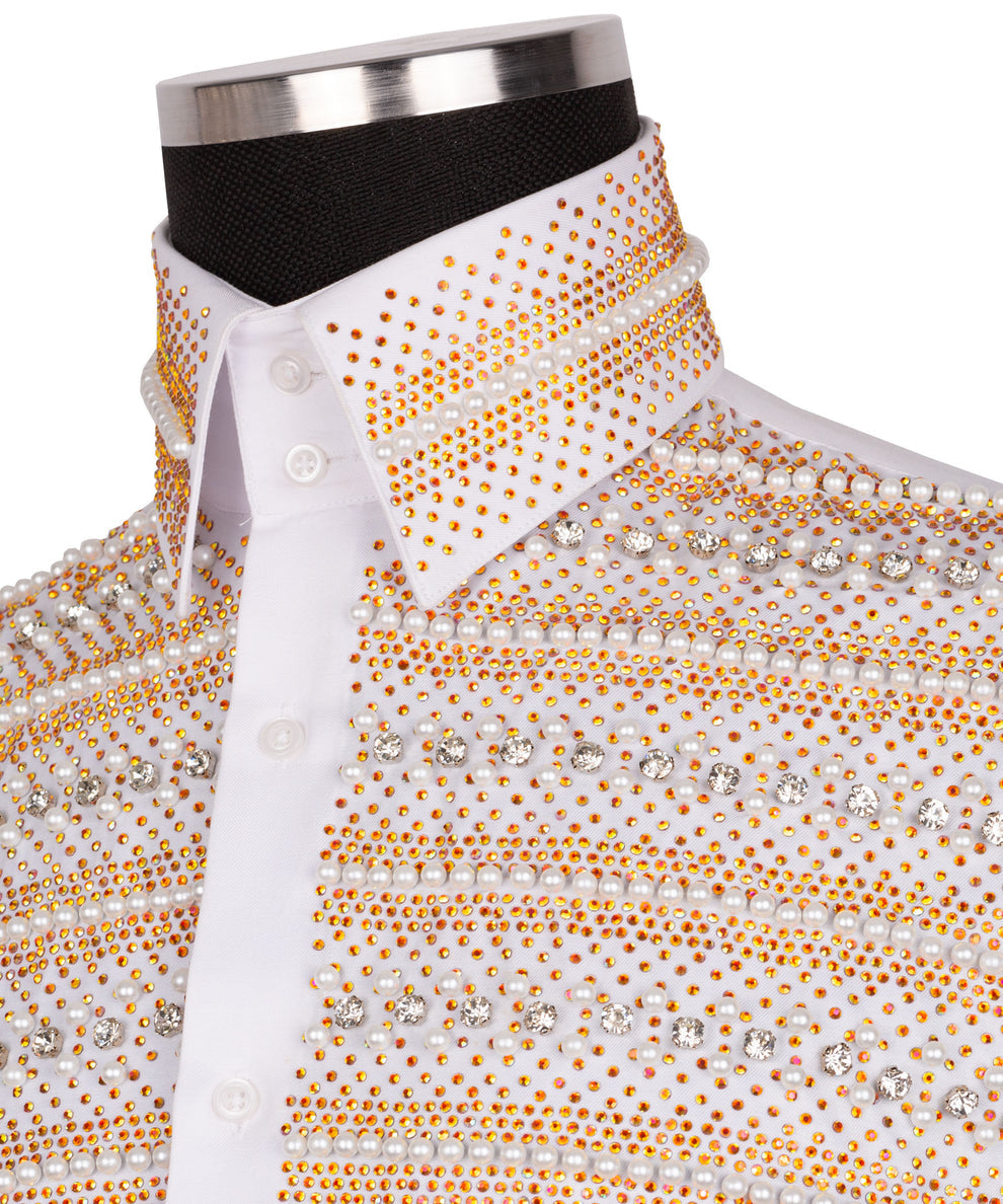 Elegant White Shirt with Gold and Silver Stone Details - HandCrafted Shirts | Black Tuxedo Style