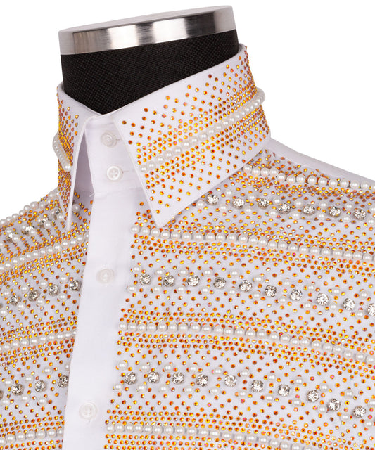 Elegant White Shirt with Gold and Silver Stone Details - HandCrafted Shirts | Black Tuxedo Style