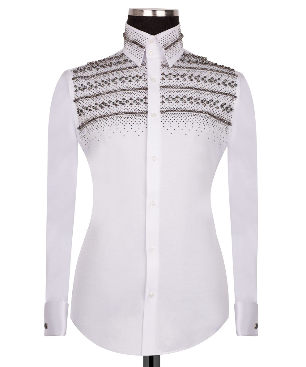 Elegant White Shirt with  Silver Stone Details - HandCrafted Shirts | Black Tuxedo Style