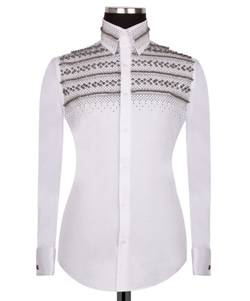 Elegant White Shirt with  Silver Stone Details - HandCrafted Shirts | Black Tuxedo Style