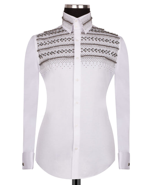 Elegant White Shirt with  Silver Stone Details - HandCrafted Shirts | Black Tuxedo Style