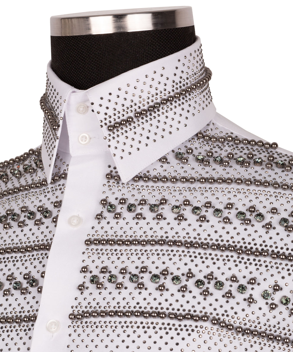 Elegant White Shirt with  Silver Stone Details - HandCrafted Shirts | Black Tuxedo Style