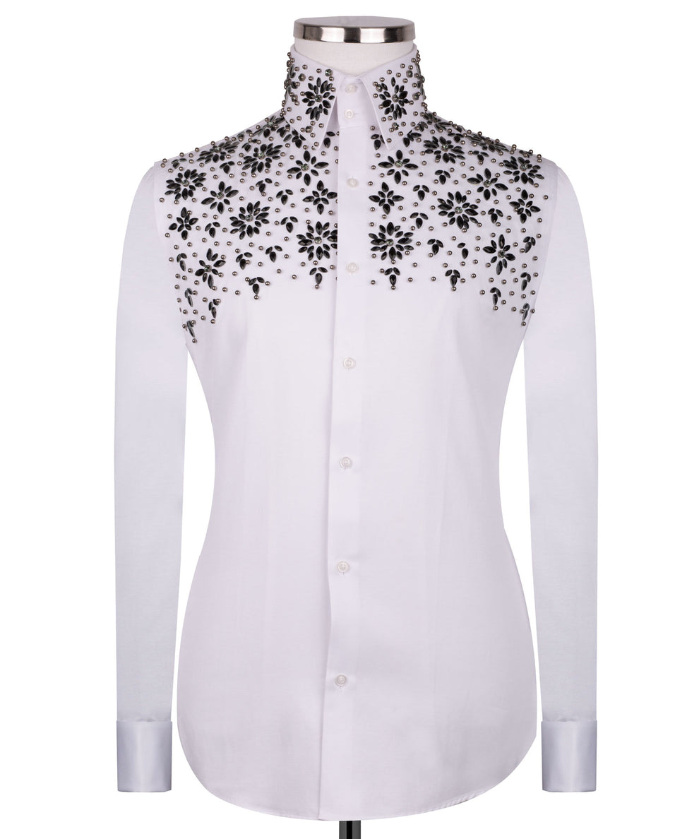 White Shirt with Black Stone Floral Details - HandCrafted Shirts | Black Tuxedo Style