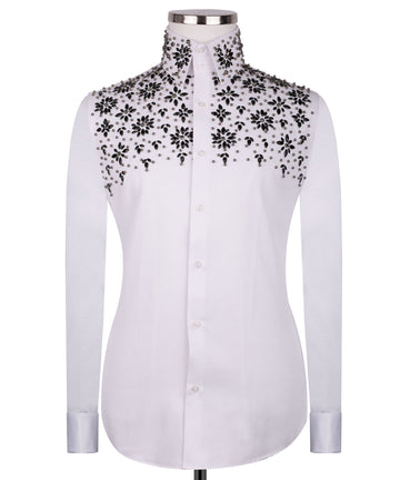 White Shirt with Black Stone Floral Details - HandCrafted Shirts | Black Tuxedo Style