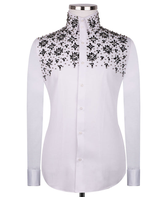 White Shirt with Black Stone Floral Details - HandCrafted Shirts | Black Tuxedo Style