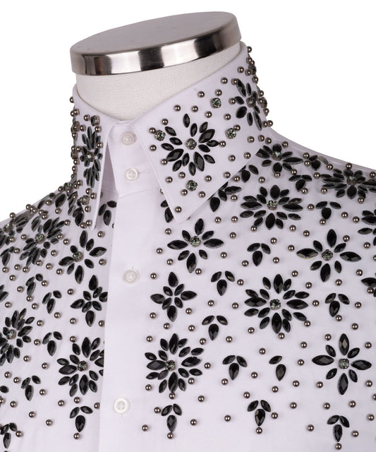 White Shirt with Black Stone Floral Details - HandCrafted Shirts | Black Tuxedo Style