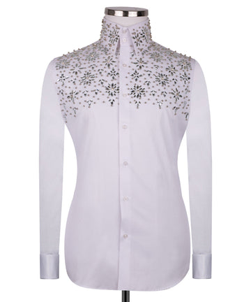 White Shirt with Silver Stone Floral Details - HandCrafted Shirts | Black Tuxedo Style