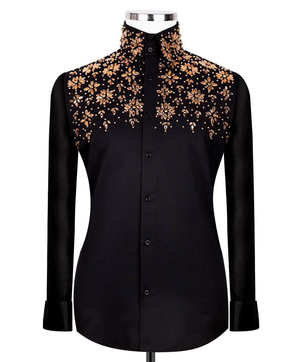 Black Shirt with Black Stone Floral Details - HandCrafted Shirts | Black Tuxedo Style