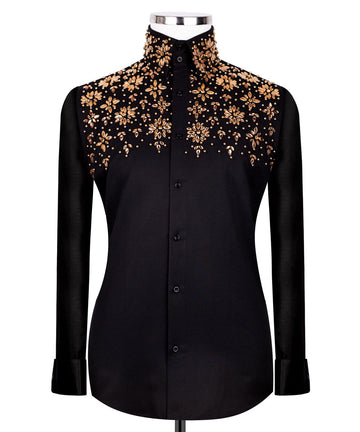 Black Shirt with Black Stone Floral Details - HandCrafted Shirts | Black Tuxedo Style