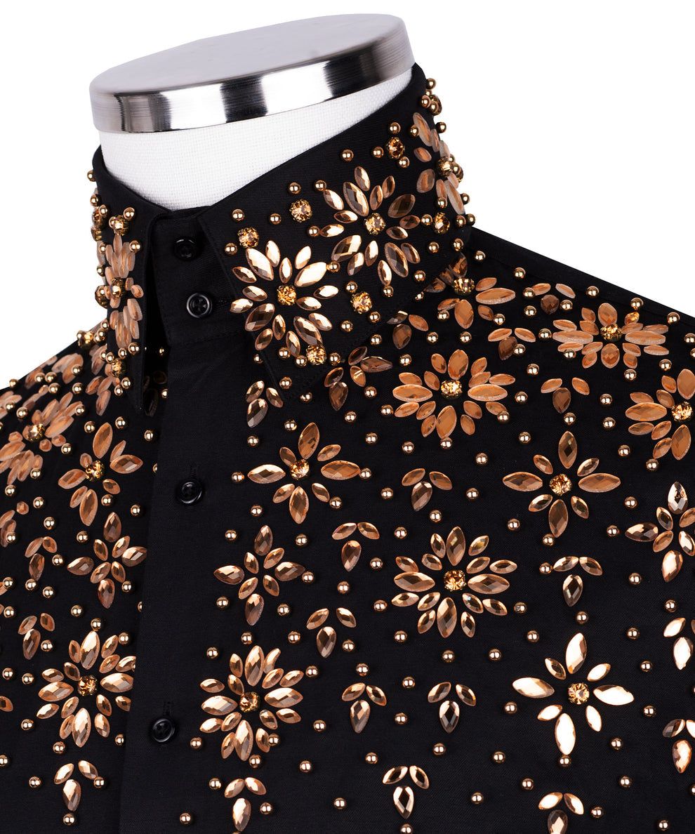 Black Shirt with Black Stone Floral Details - HandCrafted Shirts | Black Tuxedo Style