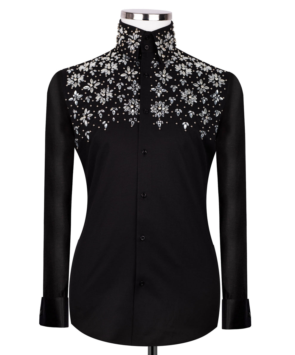 Black Shirt with White Stone Floral Details - HandCrafted Shirts | Black Tuxedo Style