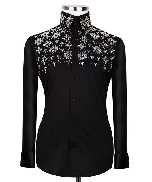Black Shirt with White Stone Floral Details - HandCrafted Shirts | Black Tuxedo Style
