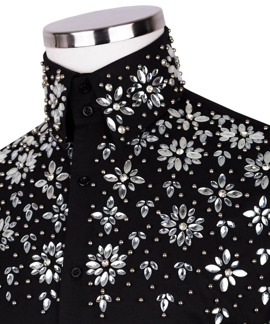 Black Shirt with White Stone Floral Details - HandCrafted Shirts | Black Tuxedo Style