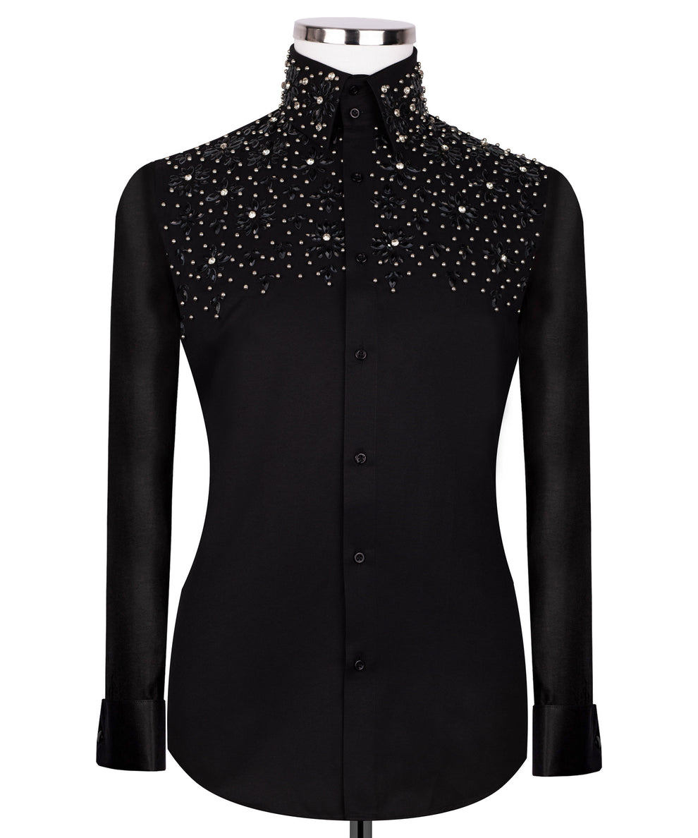 Black Shirt with Black Stone Floral Details - HandCrafted Shirts | Black Tuxedo Style