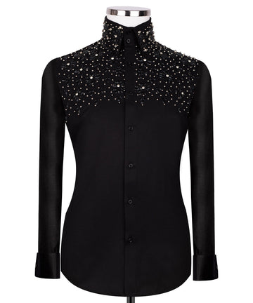 Black Shirt with Black Stone Floral Details - HandCrafted Shirts | Black Tuxedo Style