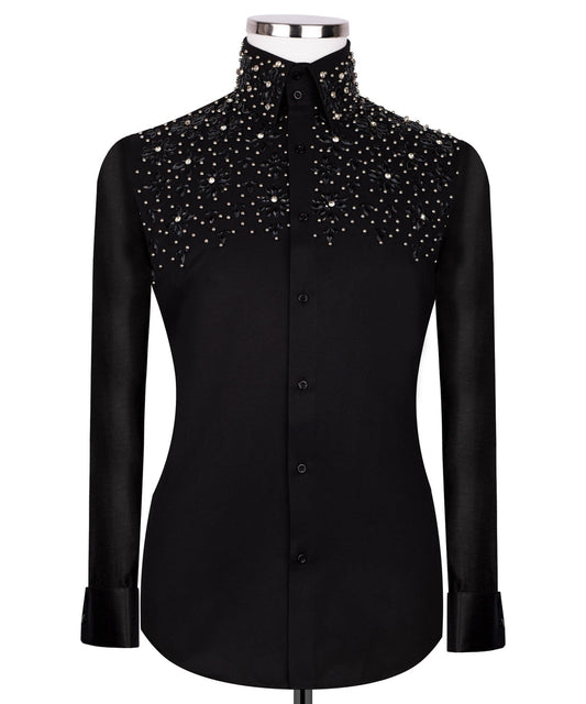 Black Shirt with Black Stone Floral Details - HandCrafted Shirts | Black Tuxedo Style