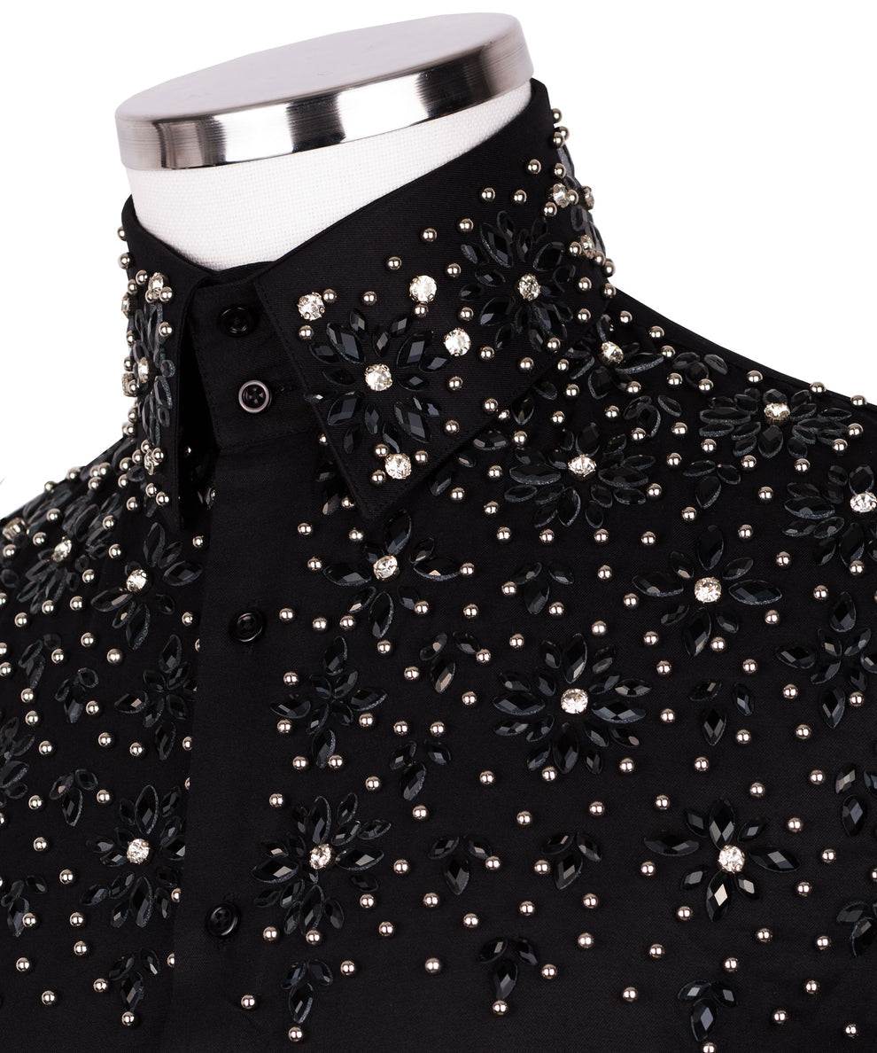 Black Shirt with Black Stone Floral Details - HandCrafted Shirts | Black Tuxedo Style