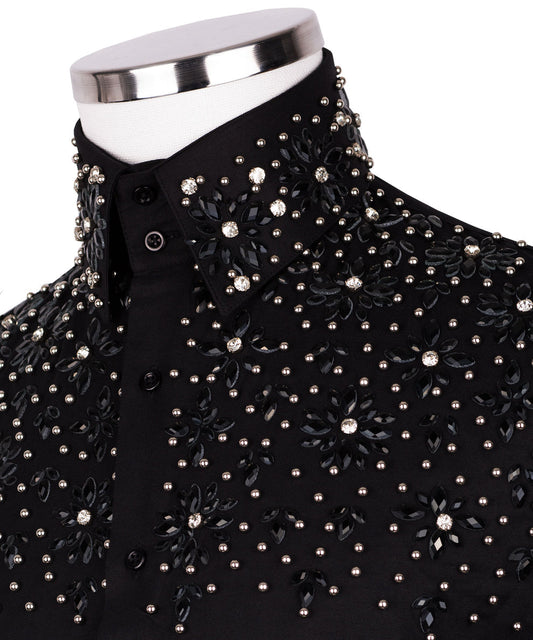 Black Shirt with Black Stone Floral Details - HandCrafted Shirts | Black Tuxedo Style