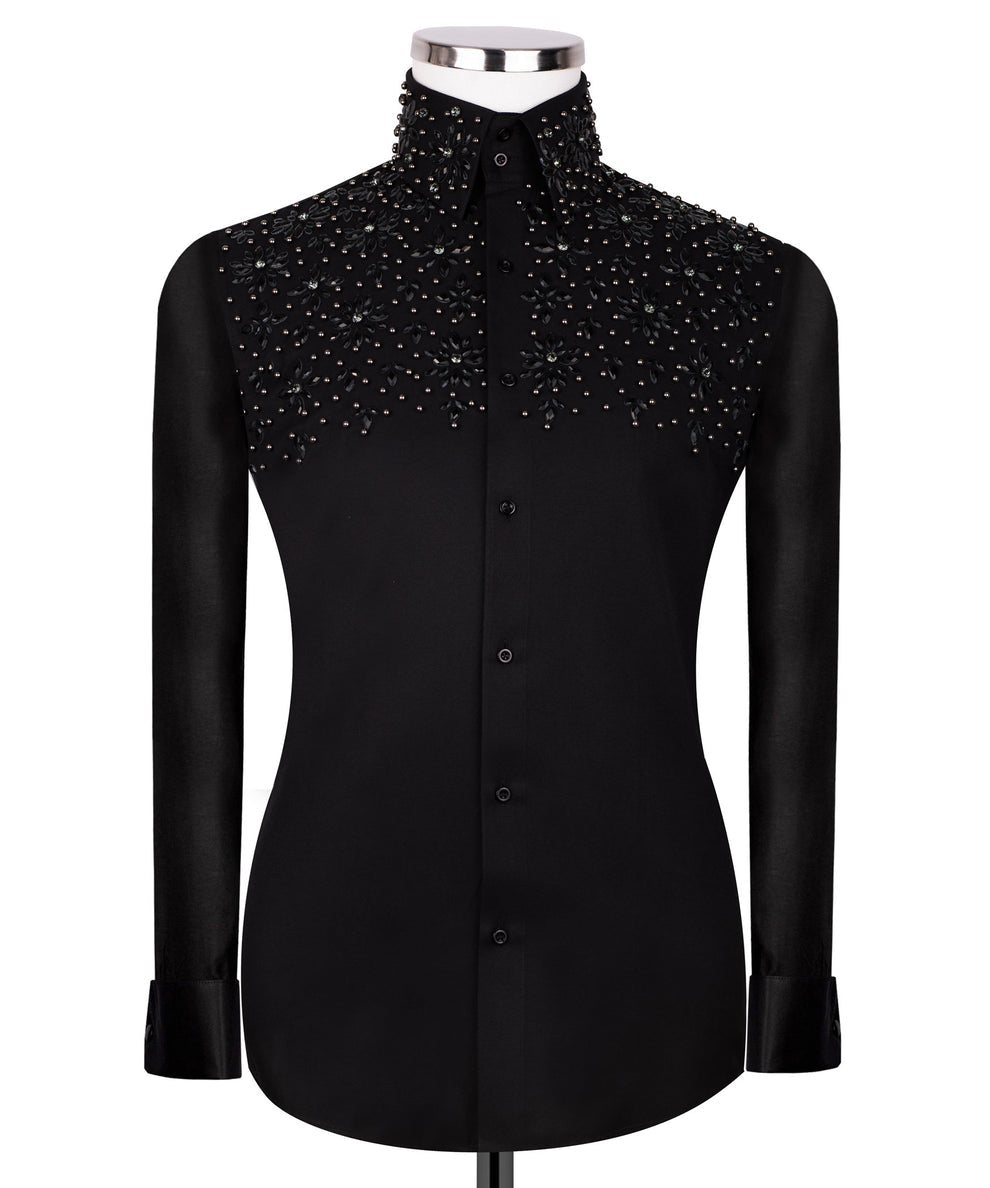 Black Shirt with Black Stone Floral Details - HandCrafted Shirts | Black Tuxedo Style