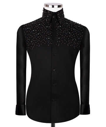 Black Shirt with Black Stone Floral Details - HandCrafted Shirts | Black Tuxedo Style