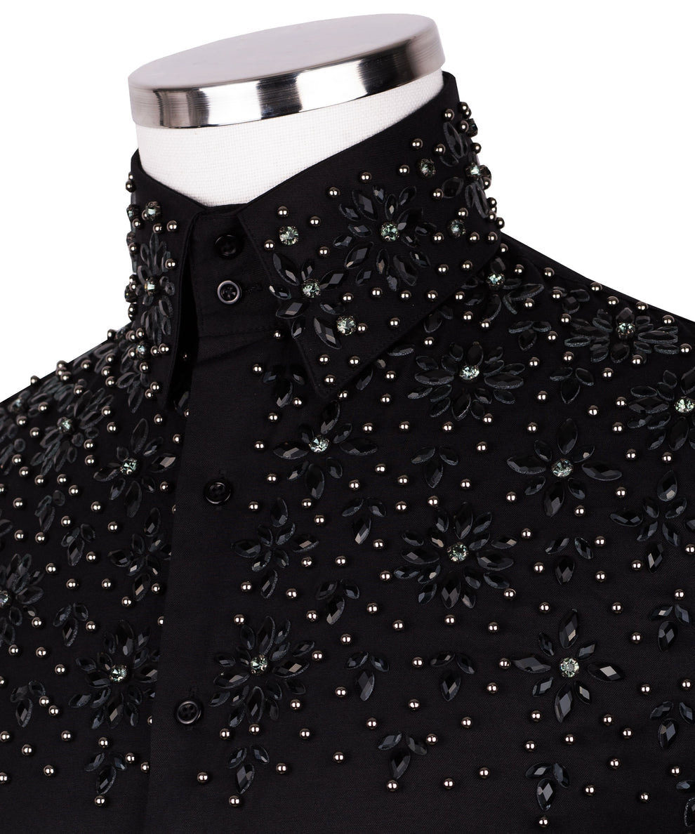 Black Shirt with Black Stone Floral Details - HandCrafted Shirts | Black Tuxedo Style