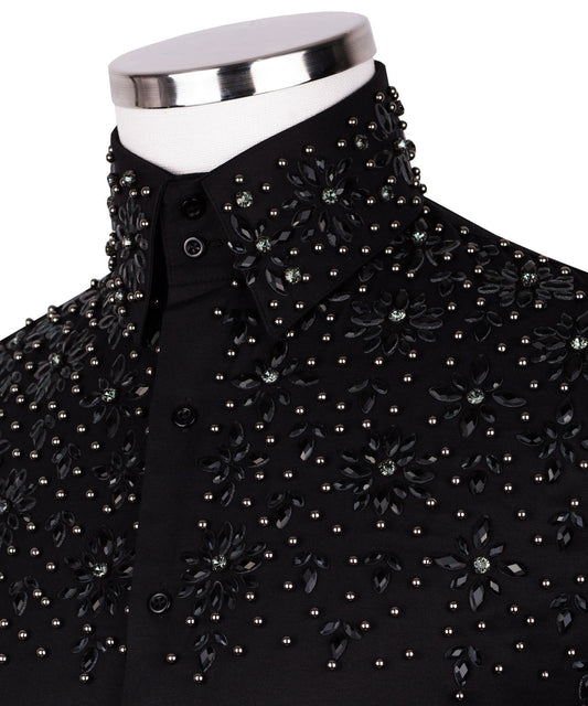 Black Shirt with Black Stone Floral Details - HandCrafted Shirts | Black Tuxedo Style