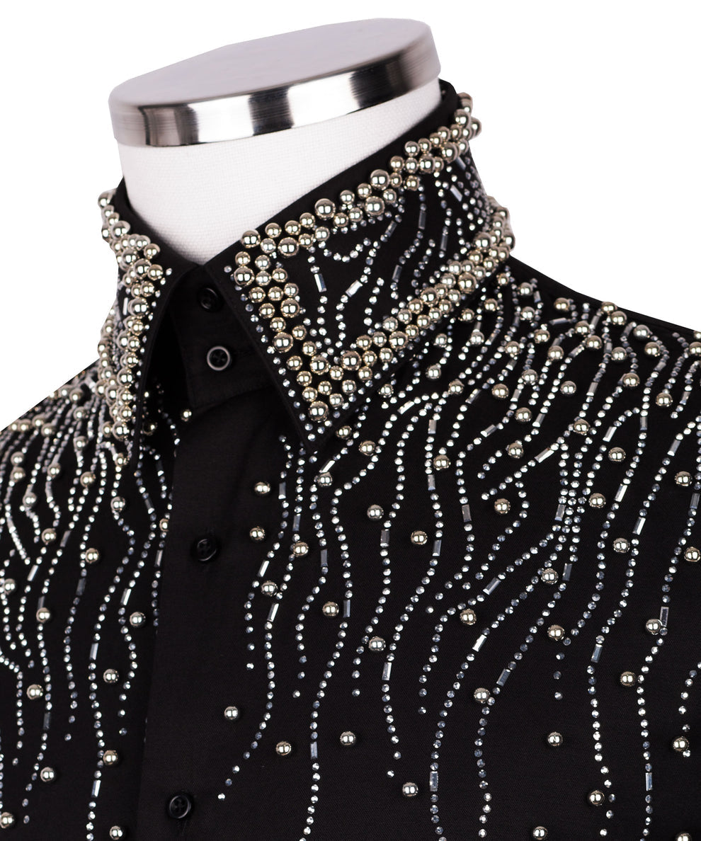 Black Shirt with Flowing Water Pattern and Stone Details - HandCrafted Shirts | Black Tuxedo Style