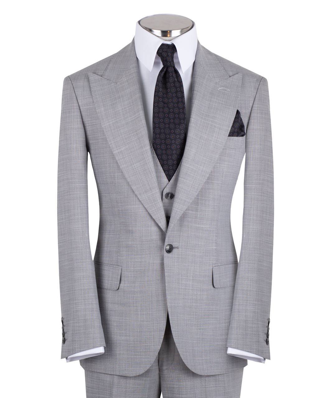 Light grey wool blend three-piece suit for men with jacket, vest, and trousers