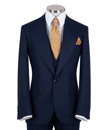 Navy blue wool blend three-piece suit for men with jacket, vest, and trousers