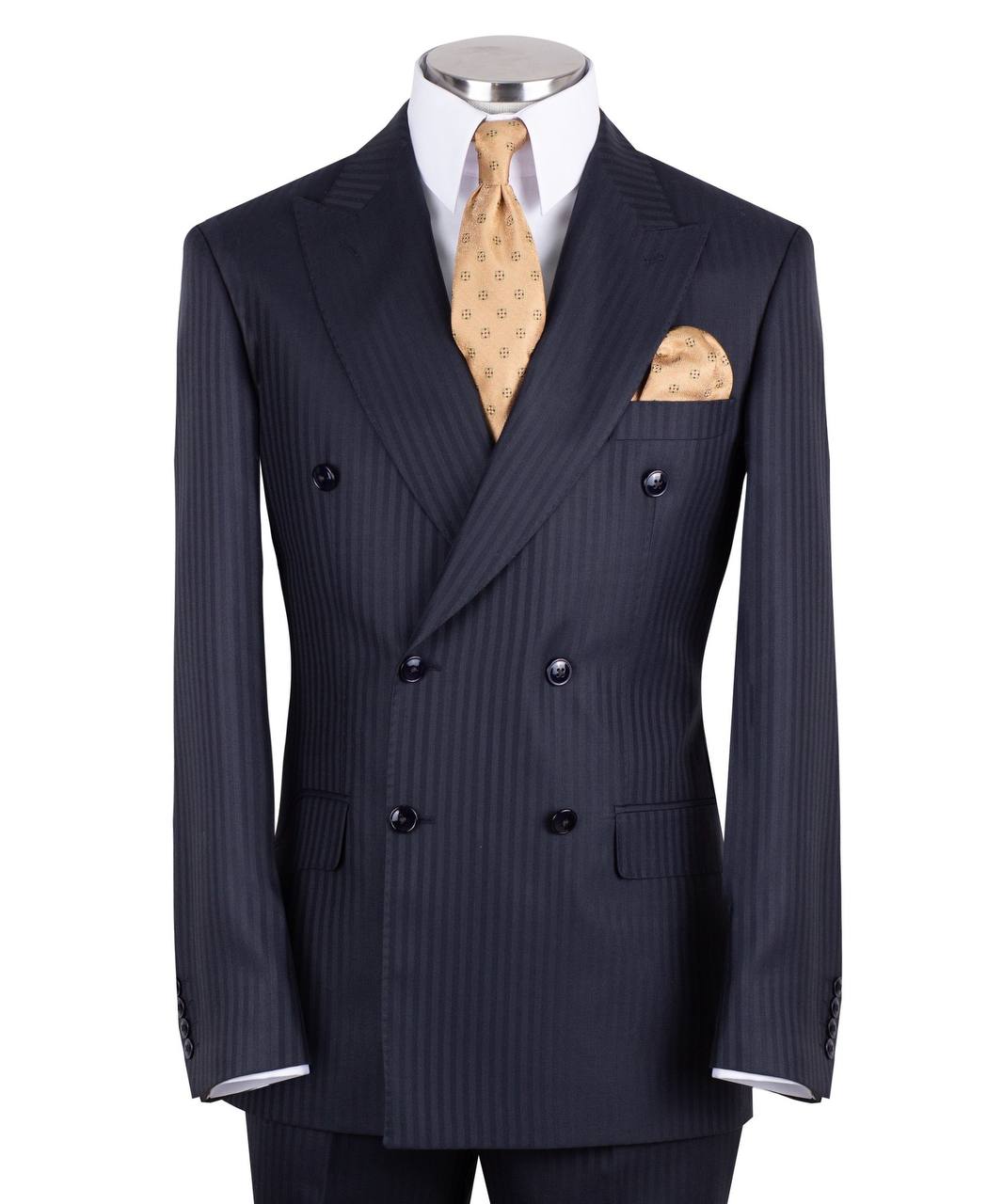Navy blue wool pinstripe double-breasted suit for men with jacket and trousers