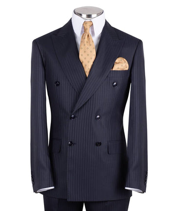 Navy blue wool pinstripe double-breasted suit for men with jacket and trousers