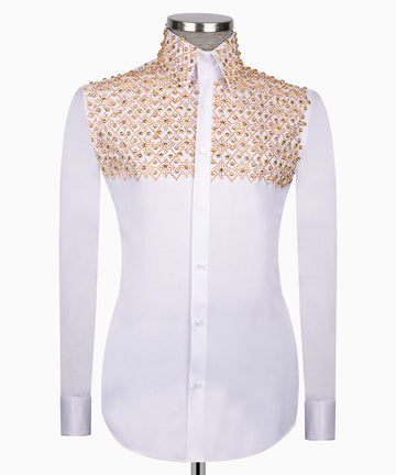 Elegant White Shirt with Geometric Pattern and Stone Gold Details - HandCrafted Shirts | Black Tuxedo Style