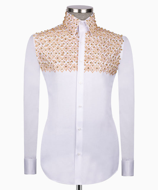 Elegant White Shirt with Geometric Pattern and Stone Gold Details - HandCrafted Shirts | Black Tuxedo Style