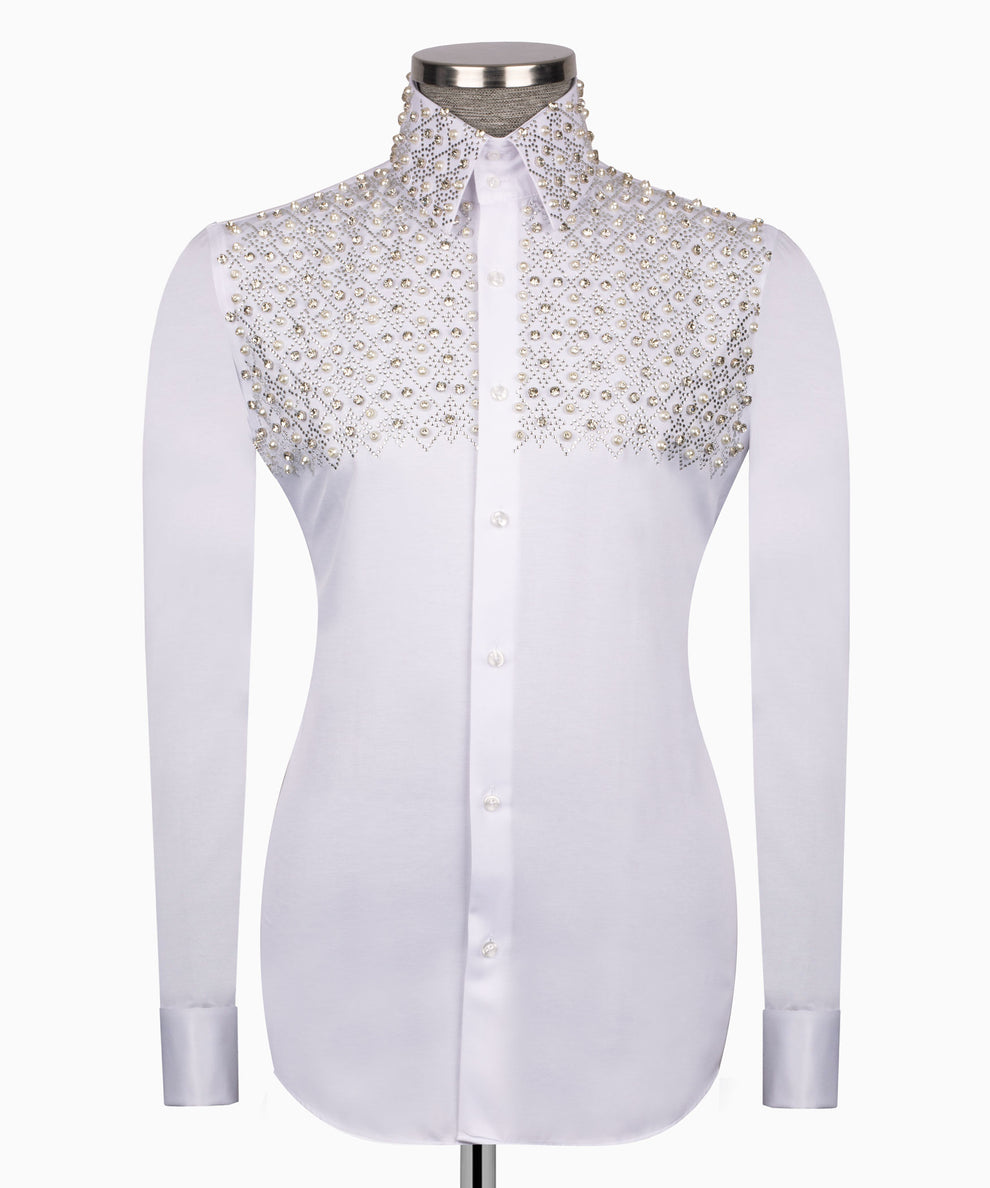 Elegant White Shirt with Geometric Pattern and Stone Details - HandCrafted Shirts | Black Tuxedo Style