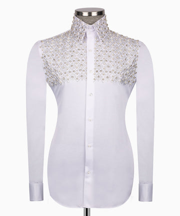Elegant White Shirt with Geometric Pattern and Stone Details - HandCrafted Shirts | Black Tuxedo Style